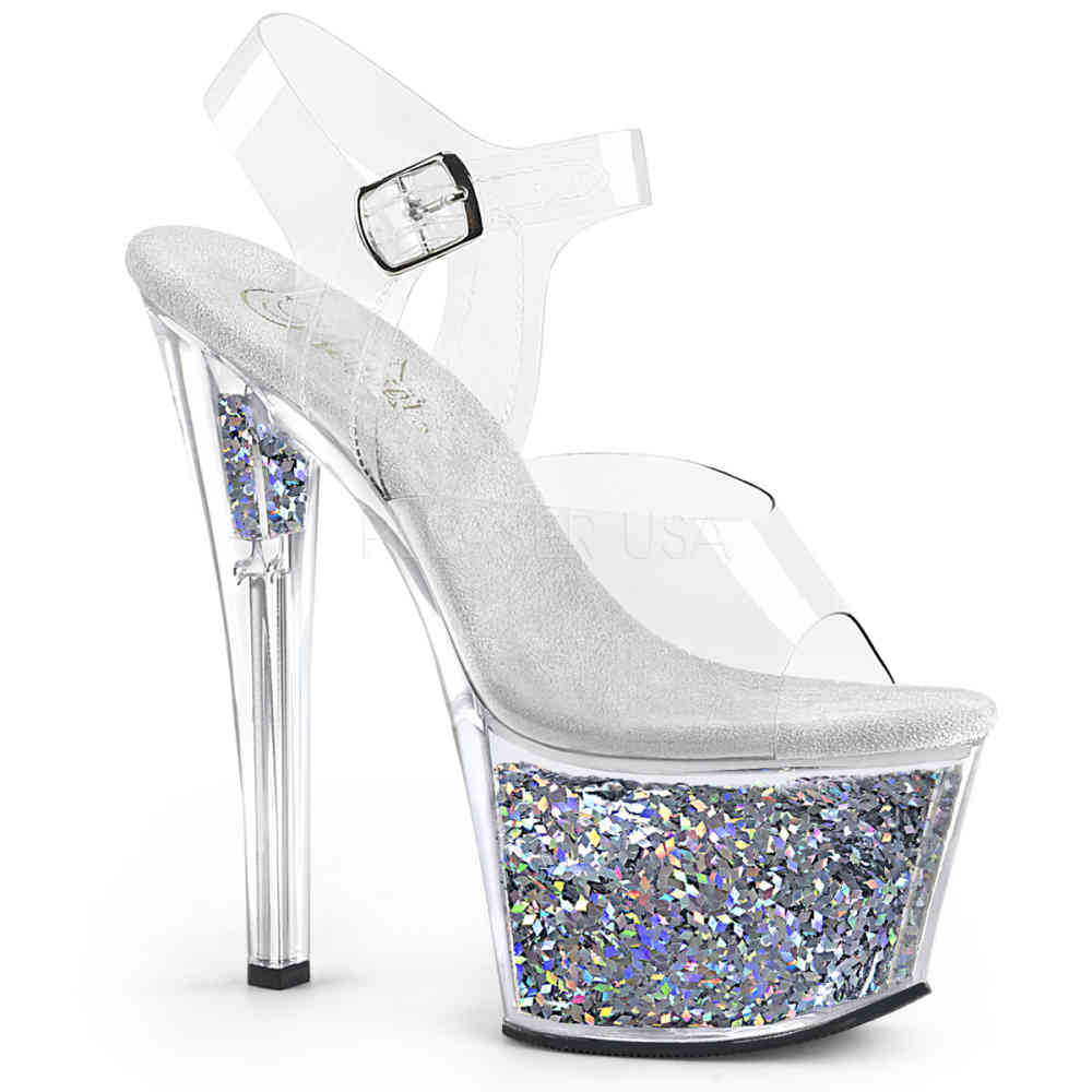 Pleaser - SKY-308GF Knöchelriemen-Sandale, Poledance Schuhe - Pole dance schuhe - Silberfarben/Transparent